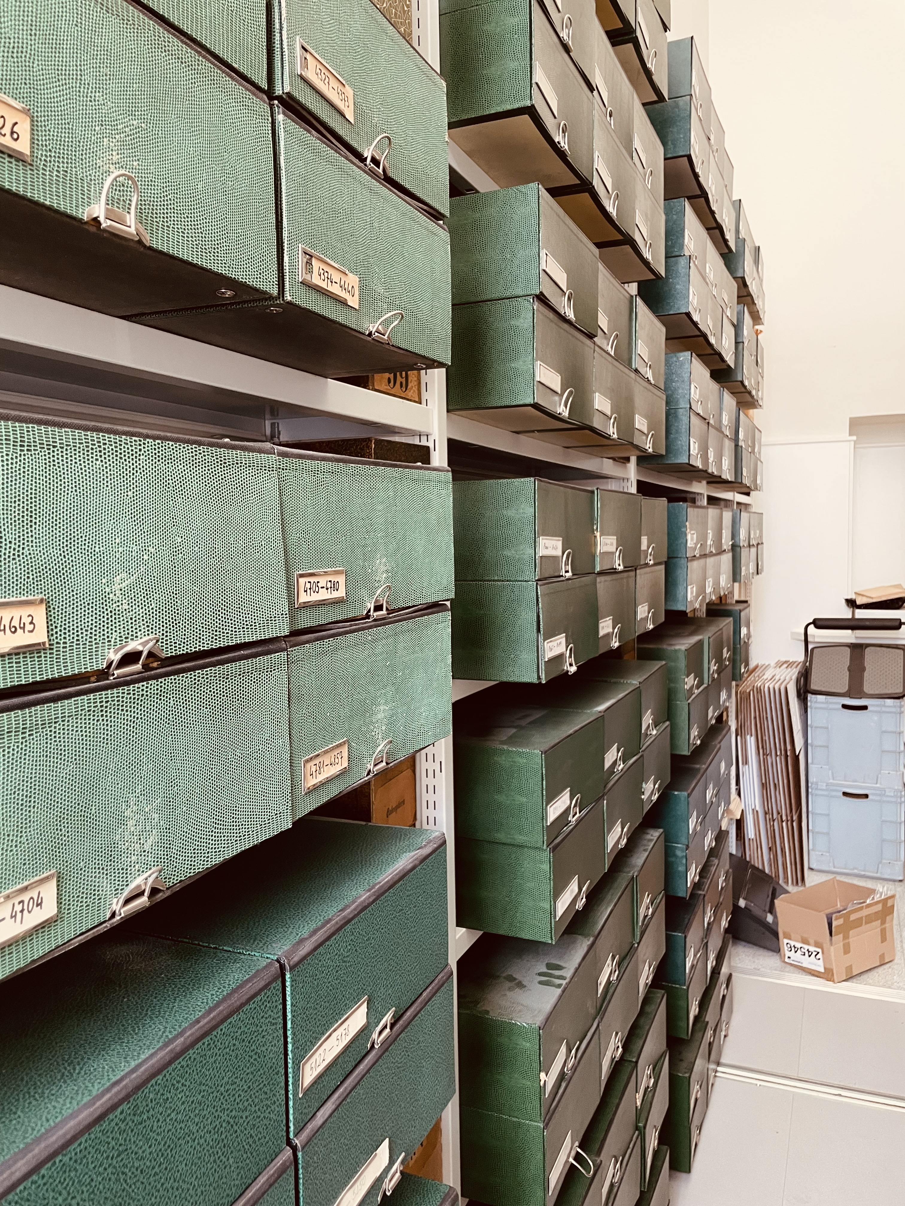 Rows of green archival boxes from the Reinhart Schuster literature collection